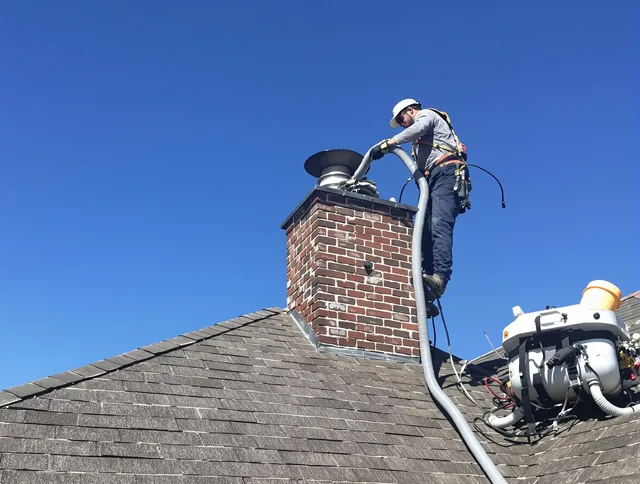 Dedicated Highland Chimney Sweep team member cleaning a chimney in Highland, CA