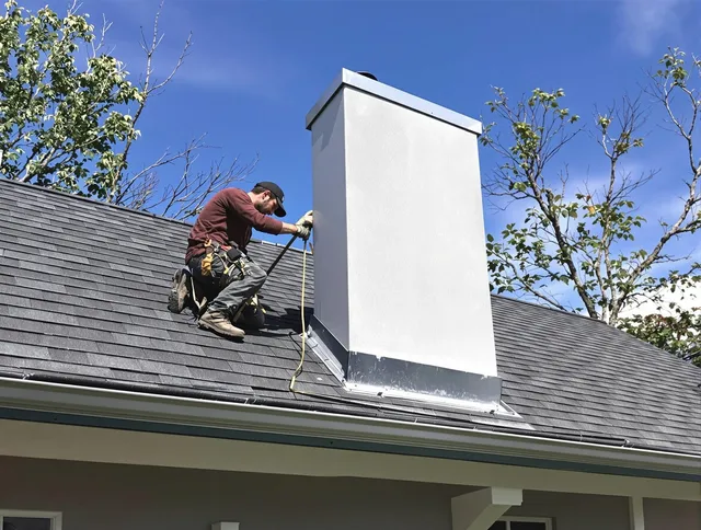 Highland Chimney Sweep team member finishing chimney construction in Highland, CA