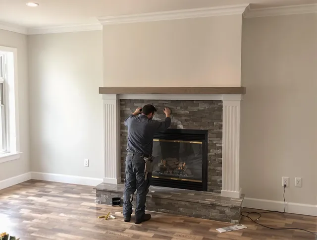 Highland Chimney Sweep finishing a custom fireplace install in Highland, CA